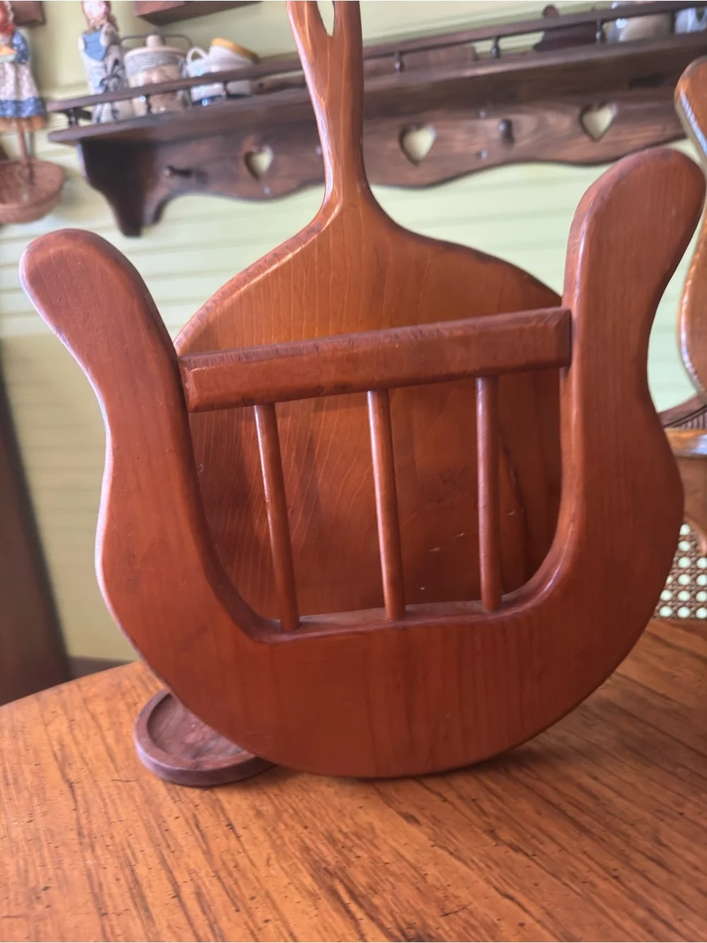 Vintage Rustic Lyre-Style Wooden Wall Shelf & Plate Holder Set